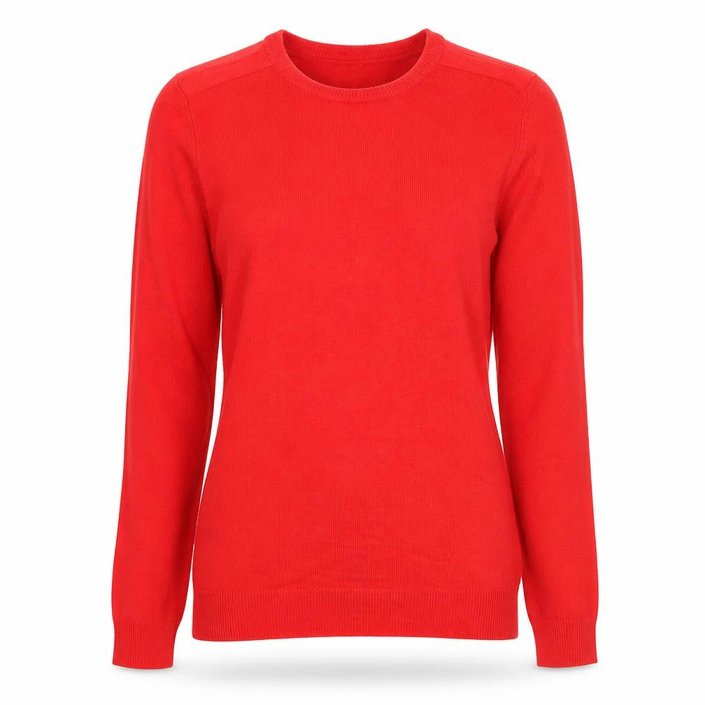 Front view of Cashel women’s red high neck acrylic jumper, size S