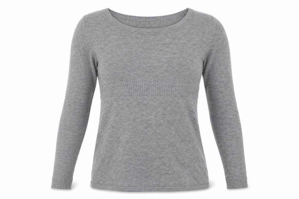 Front view of H&M women’s grey boat neck acrylic jumper, size S
