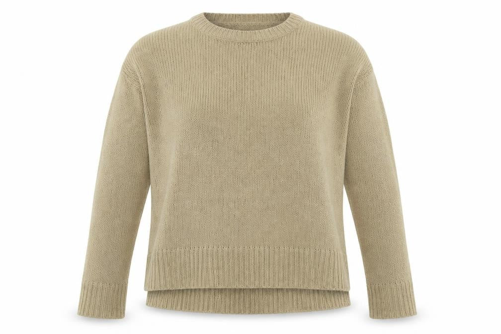 Front view of New Look women’s beige crew neck acrylic jumper, size S