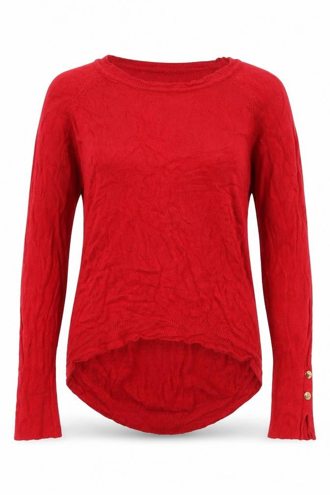 Front view of Primark women’s red crew neck acrylic jumper, size UK 6