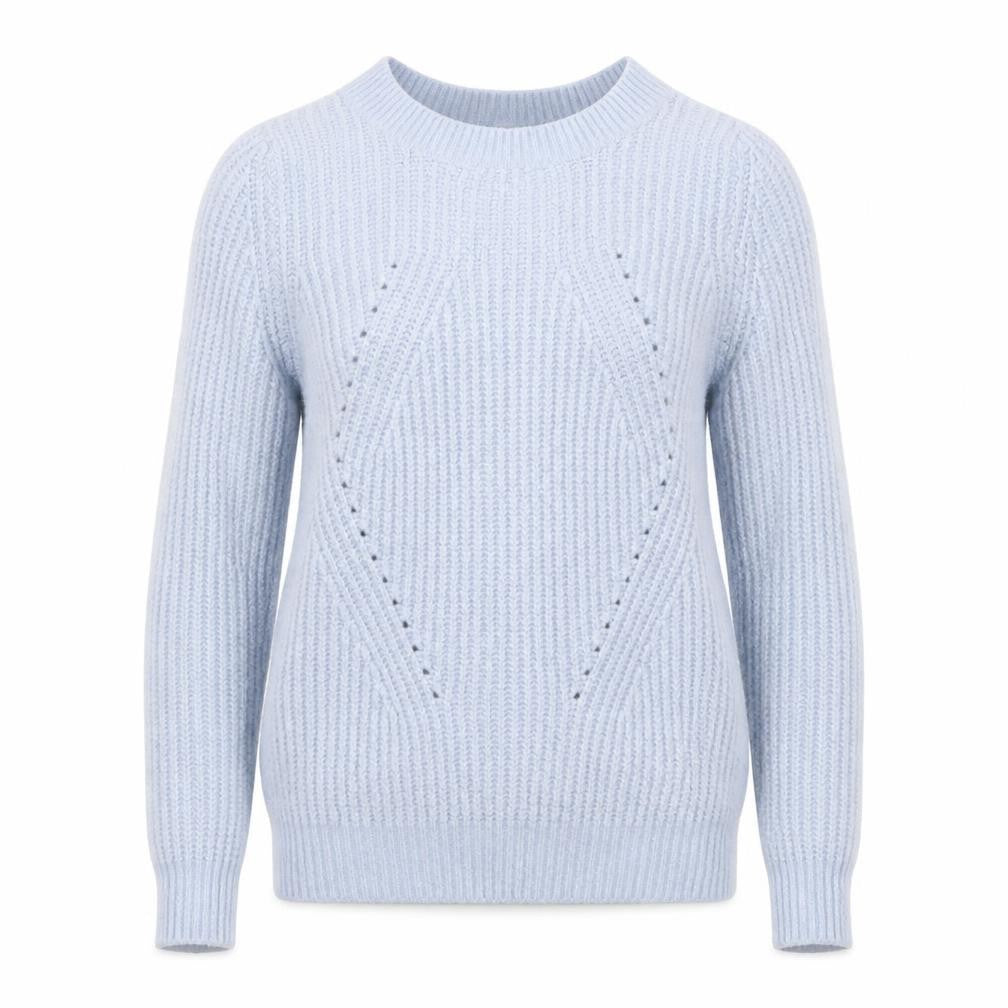 Front view of Primark women’s blue boat neck acrylic jumper, size UK 6