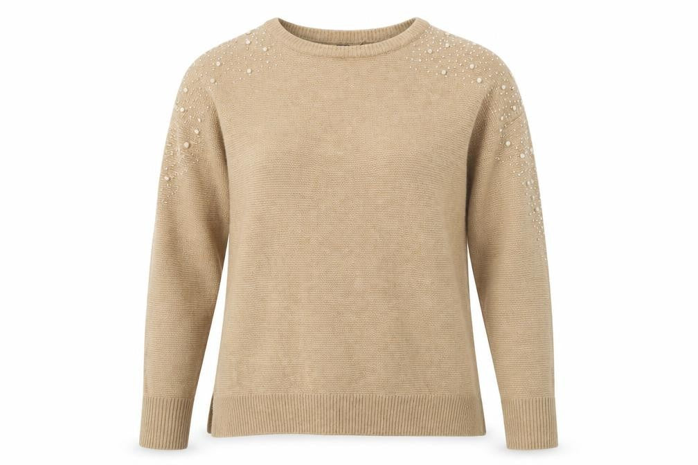 Front view of Primark women’s beige round neck acrylic jumper, size UK 12