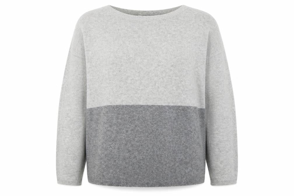 Front view of Sarta women’s grey boat neck cotton jumper, size M, - colour block