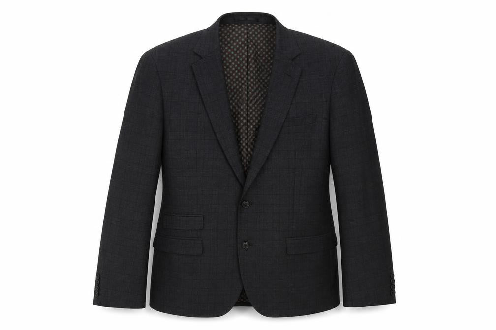 Front view of F&F men’s grey check polyester jacket suit jacket, size 42