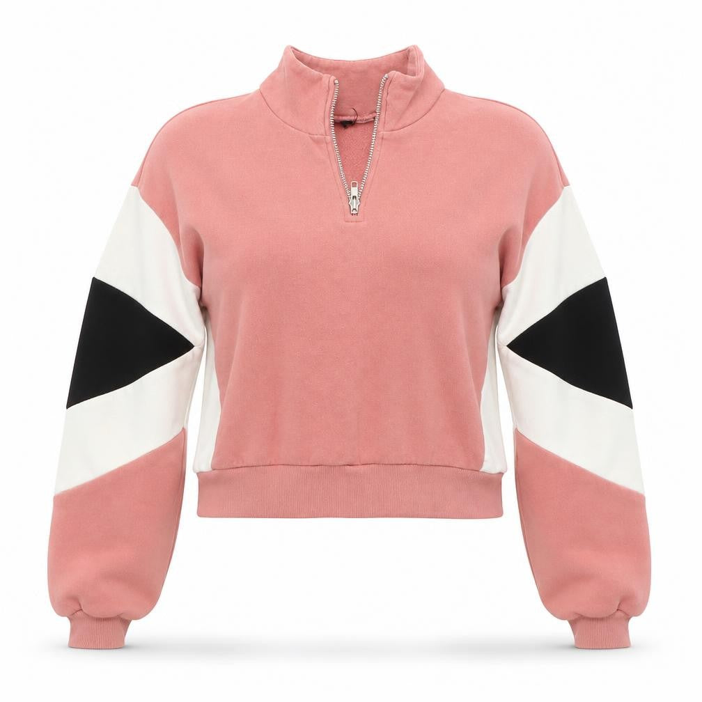 Front view of H&M women’s pink colourblock cotton pullover sweatshirt, size XS, zip
