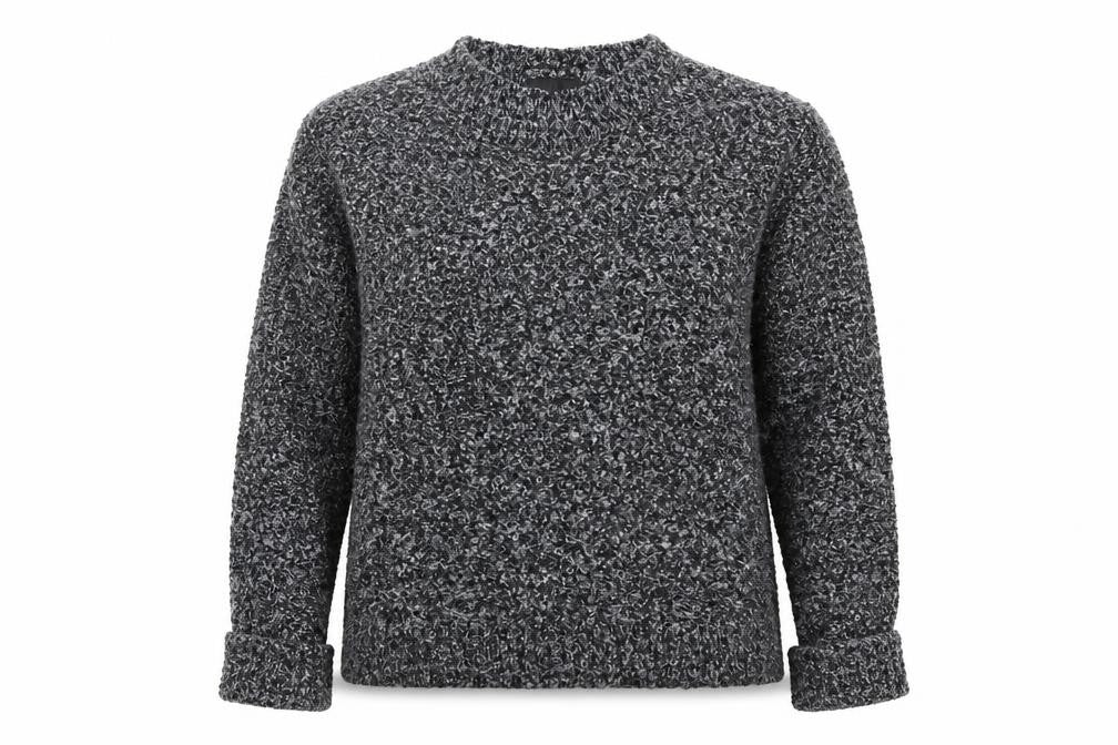 Front view of Topshop women’s grey crew neck acrylic jumper, size UK 6