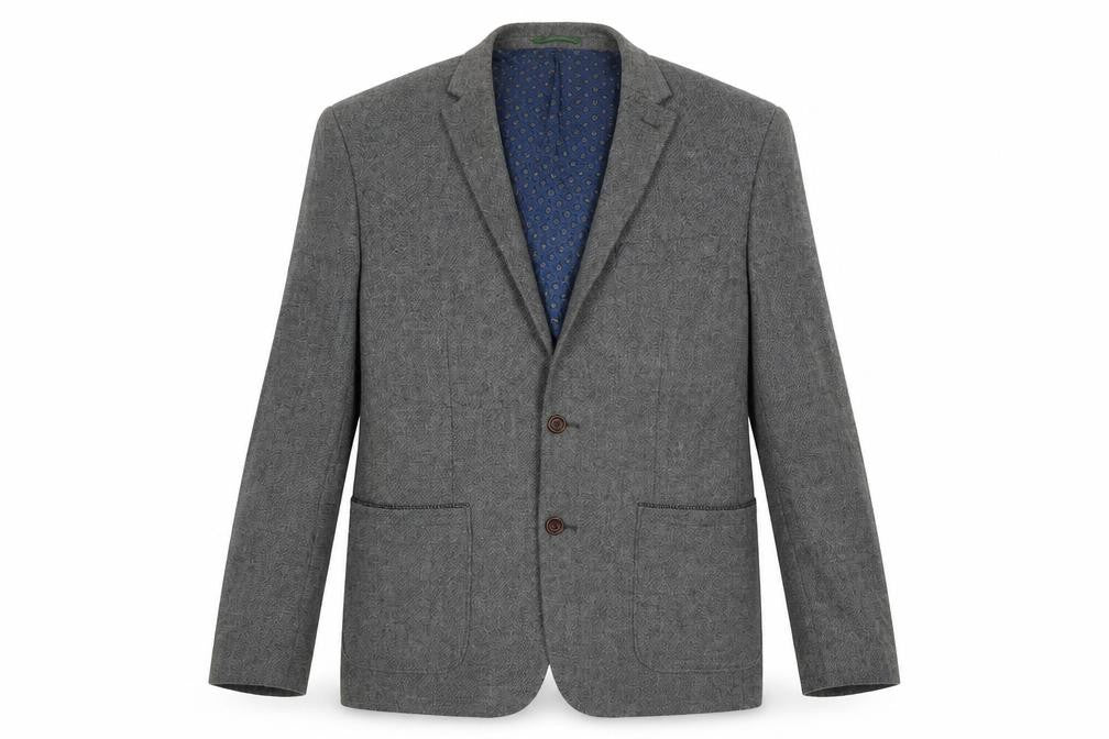 Front view of Easy men’s grey acrylic jacket blazer, size L