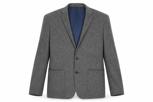 Front view of Easy men’s grey acrylic jacket blazer, size L