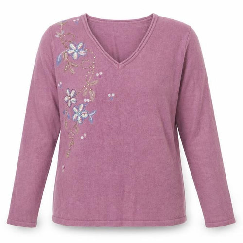 Fay Louise Womens Purple V-Neck Floral Acrylic Pullover Jumper Size M