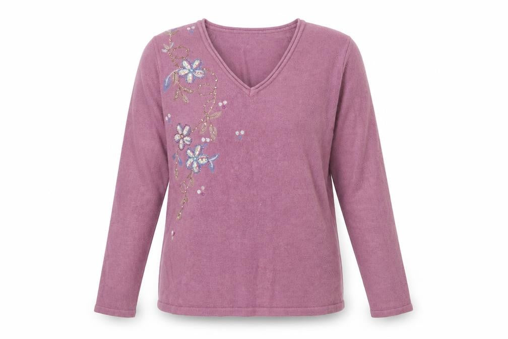 Fay Louise Womens Purple V-Neck Floral Acrylic Pullover Jumper Size M