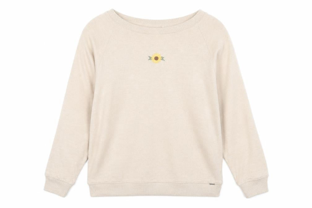 Front view of Gilly Hicks women’s beige crew neck acrylic jumper, size S