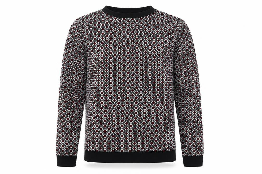 Front view of Papaya women’s black crew neck geometric polyamide jumper, size UK 10