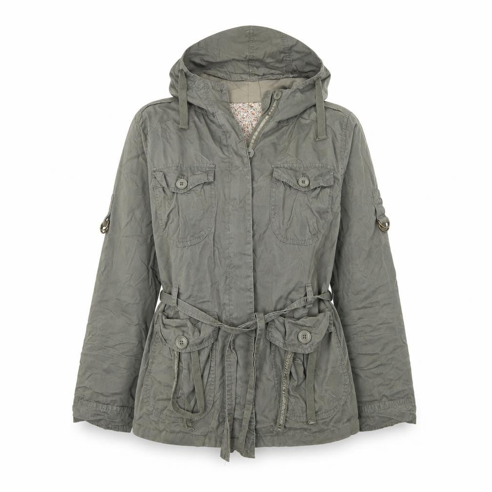 Front view of Demin Co women’s green overcoat coat, size UK 12, button