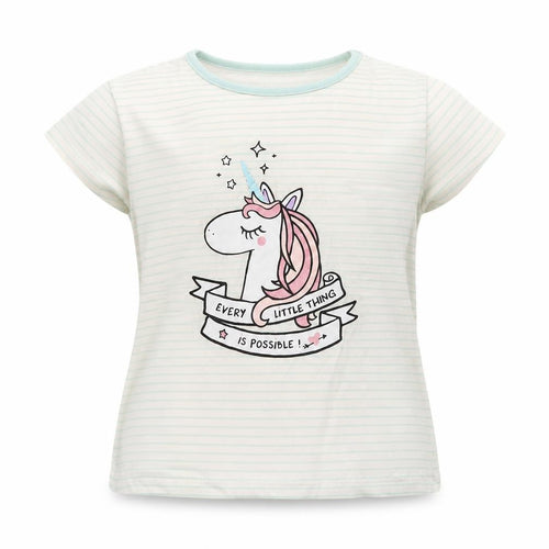 Primark Girls Ivory Striped Cotton Basic T-Shirt Size 11-12 Years Crew Neck  - Unicorn print