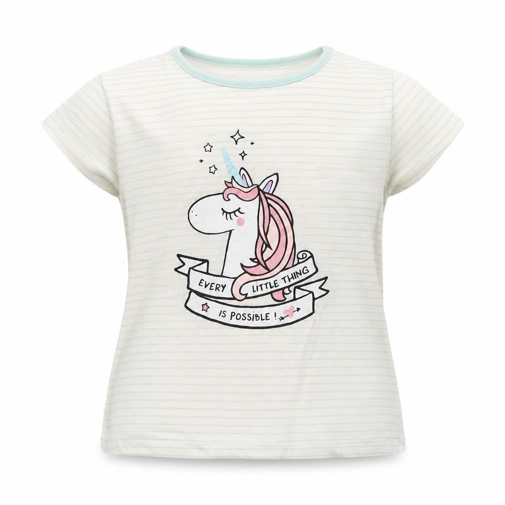 Primark Girls Ivory Striped Cotton Basic T-Shirt Size 11-12 Years Crew Neck  - Unicorn print