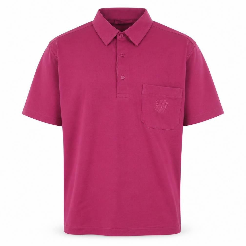 Front view of St Bernard men’s pink cotton polo, size L, collared button