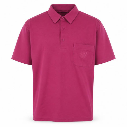 Front view of St Bernard men’s pink cotton polo, size L, collared button