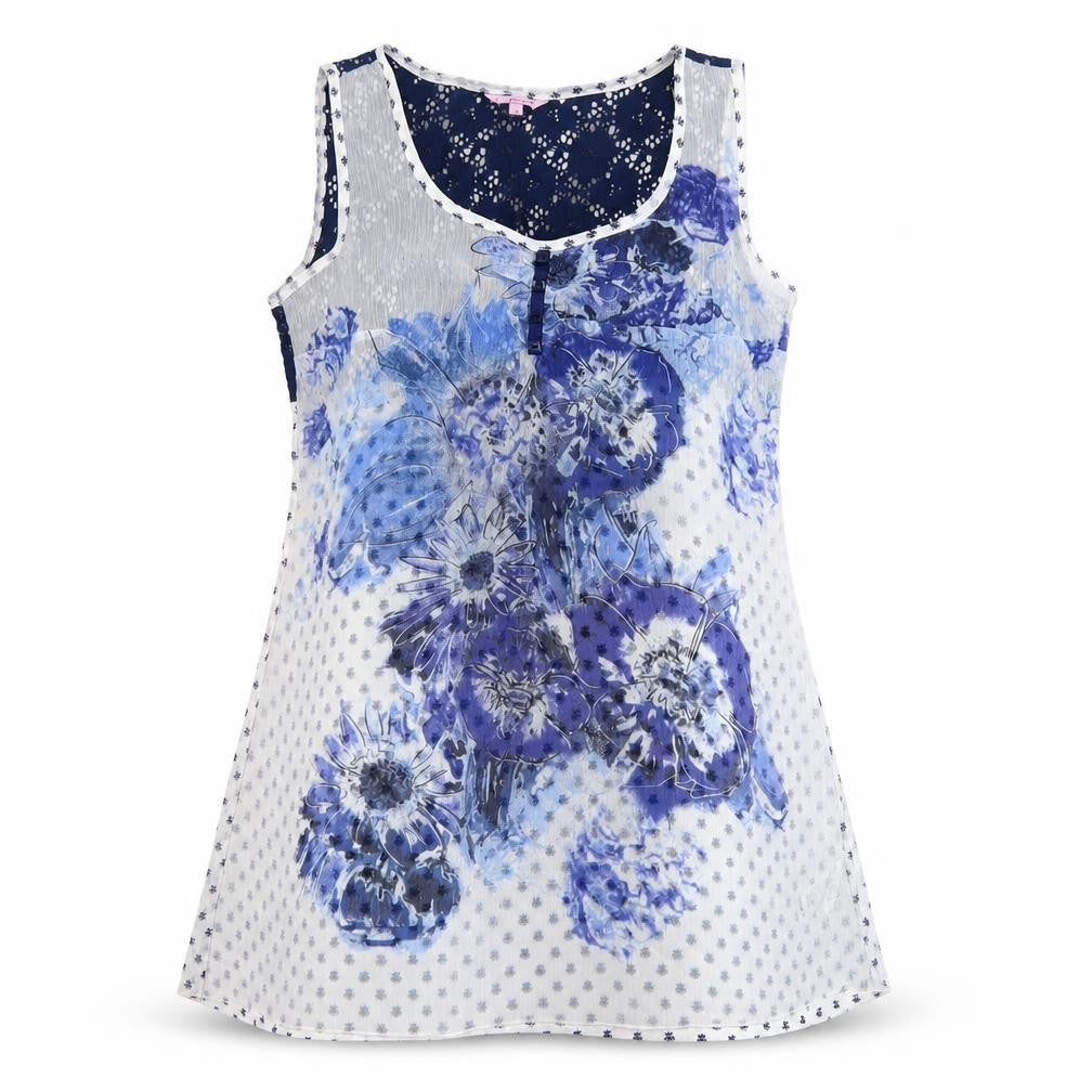 Front view of Per Una women’s white floral polyamide basic blouse, size UK 12, round neck