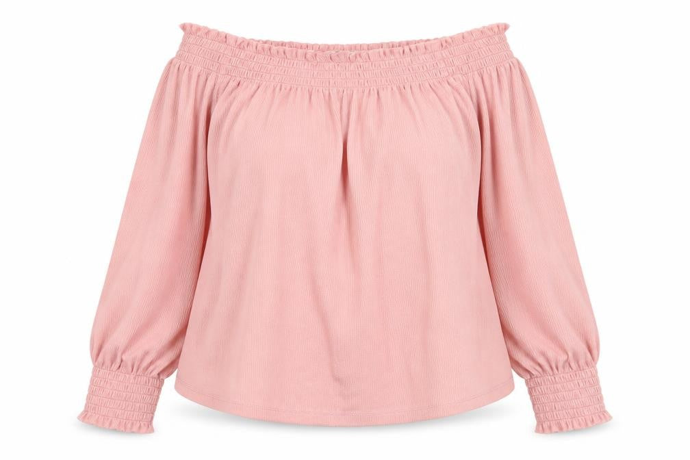 Front view of H&M women’s pink polyester basic blouse, size M, off the shoulder