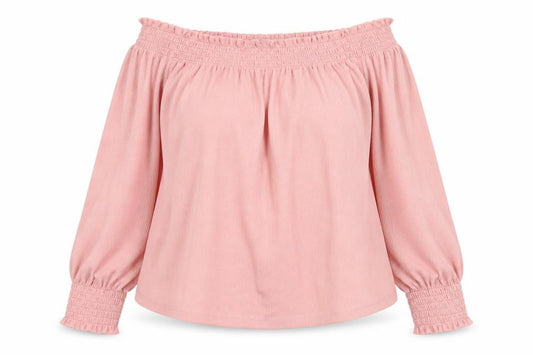 Front view of H&M women’s pink polyester basic blouse, size M, off the shoulder
