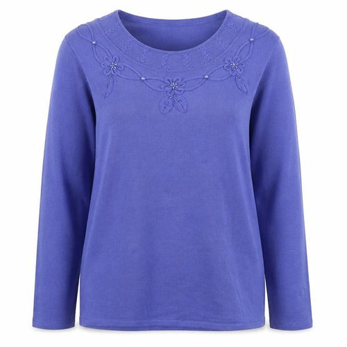 Fay Louise Womens Blue Boat Neck Floral Acrylic Pullover Jumper Size M   - Size M-L
