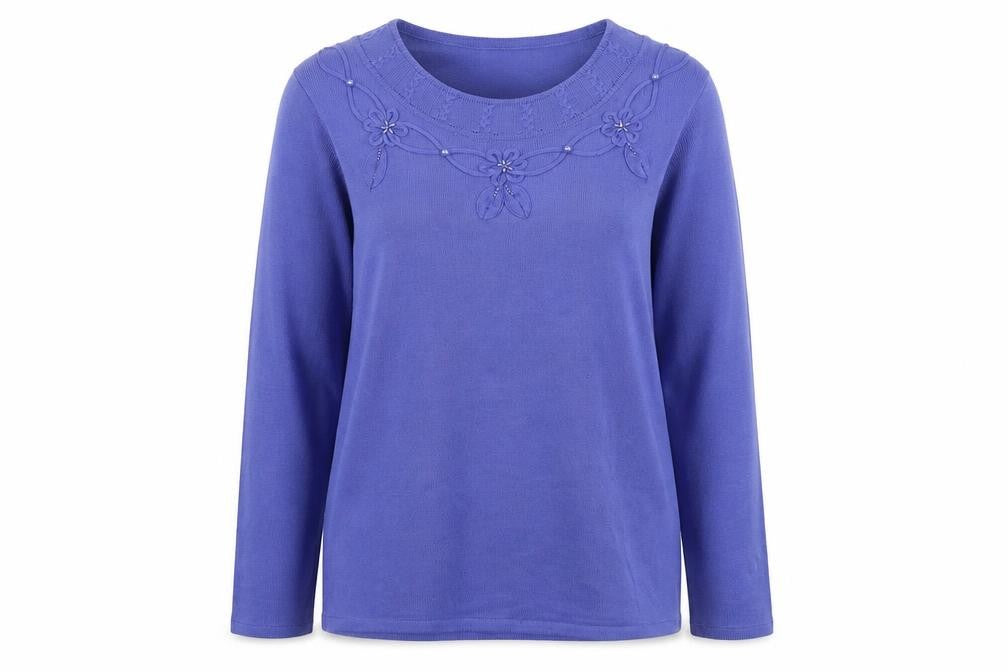 Fay Louise Womens Blue Boat Neck Floral Acrylic Pullover Jumper Size M   - Size M-L