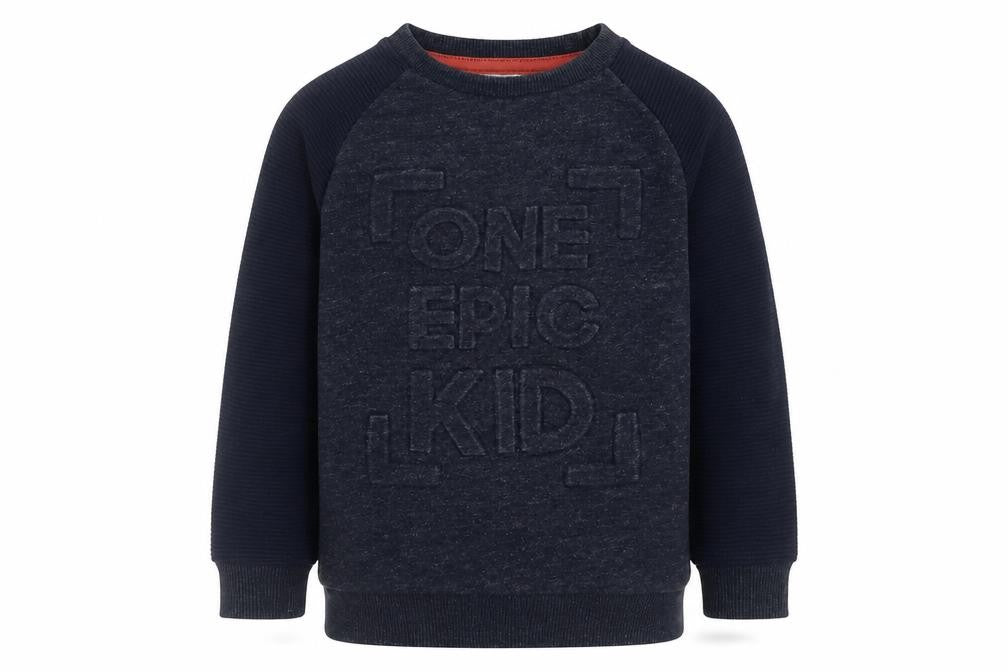 Front view of Primark boys’ blue polyester pullover sweatshirt, size 2-3, years pullover - one epic kid