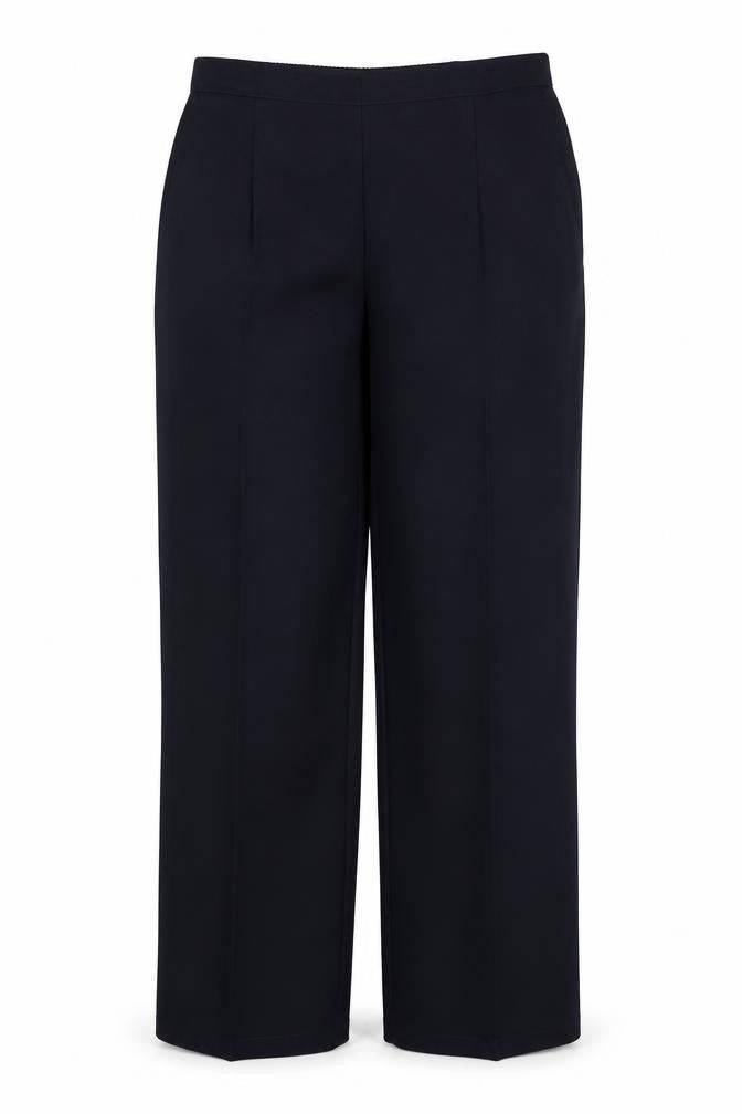 Front view of Preworn women’s blue polyester trousers, size UK 16, 26-inch leg regular