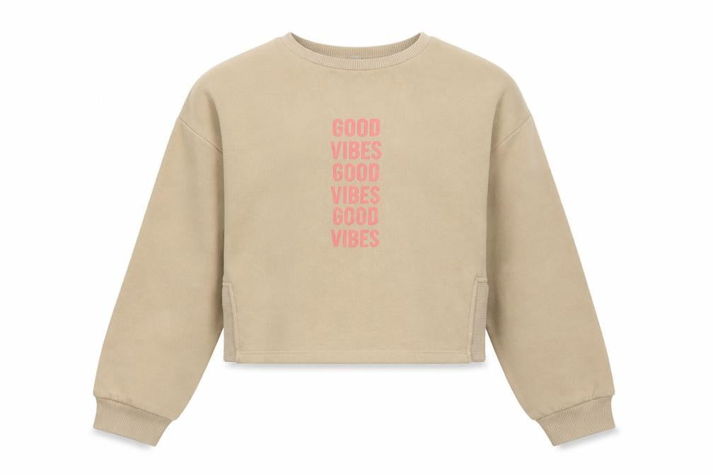 Front view of Primark girls’ beige cotton pullover sweatshirt, size 13-14, years - cropped