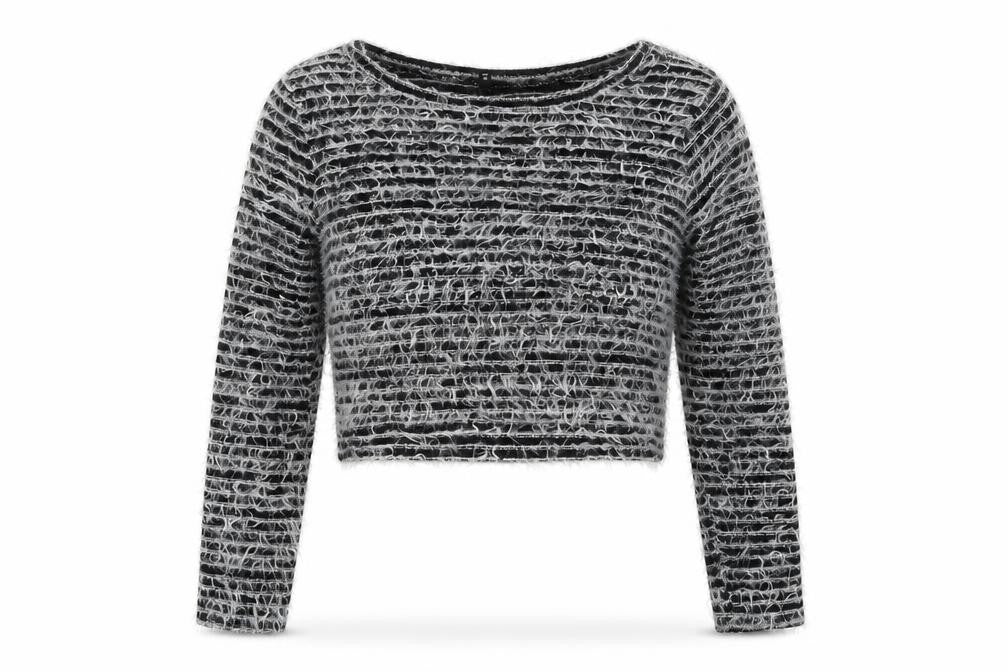 Front view of River Island women’s grey round neck striped cotton jumper, size UK 12