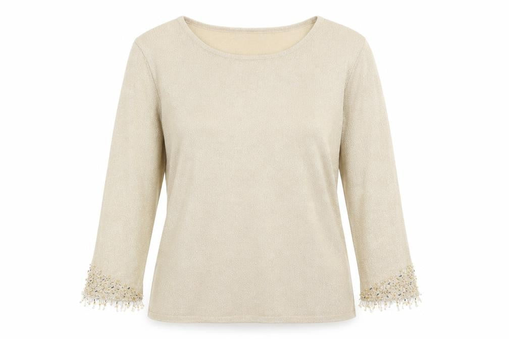 Front view of Platinum women’s gold crew neck acetate jumper, size M