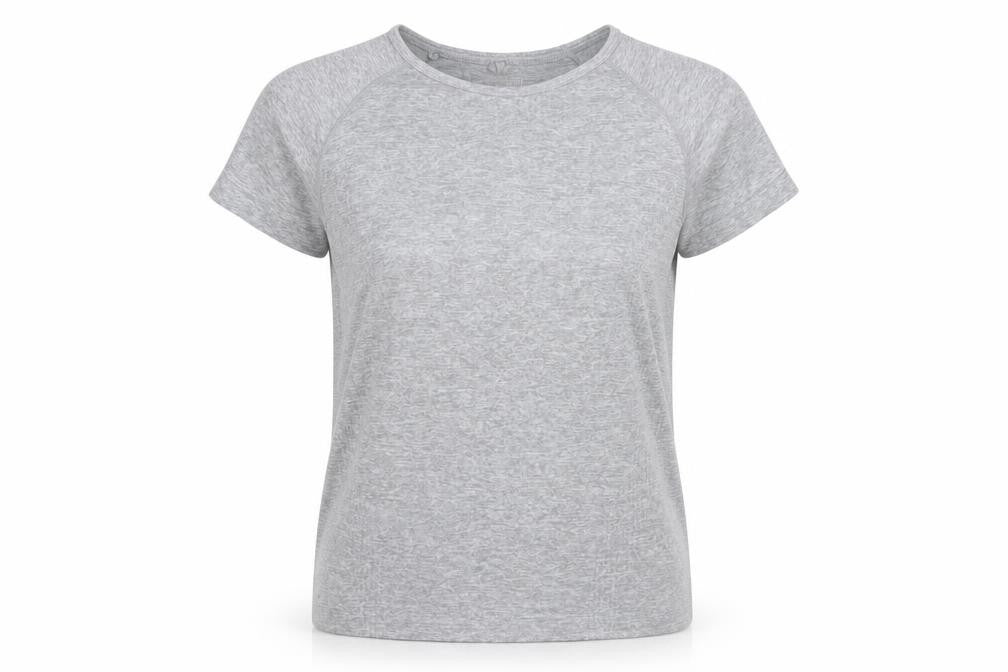 Front view of Work Out women’s grey polyester basic t-shirt, size S, crew neck pullover