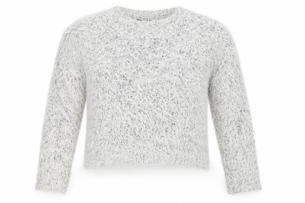Front view of H&M women’s grey crew neck acrylic jumper, size S