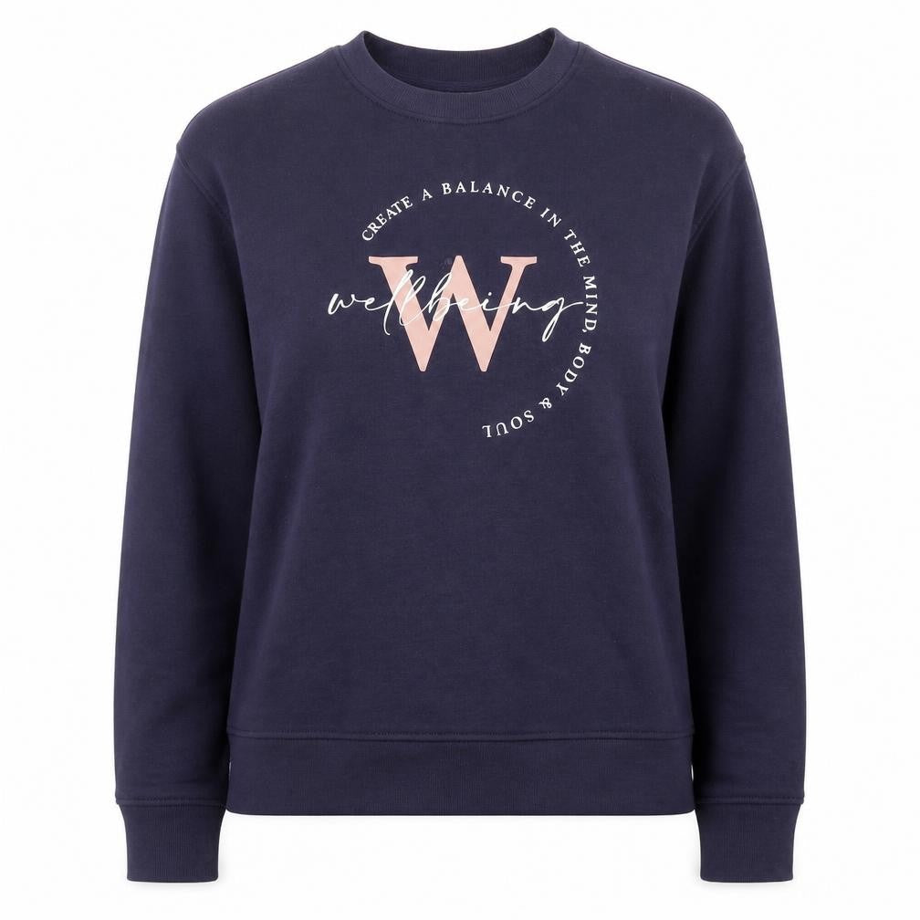 Front view of Primark women’s blue polyester pullover sweatshirt, size UK 10, pullover