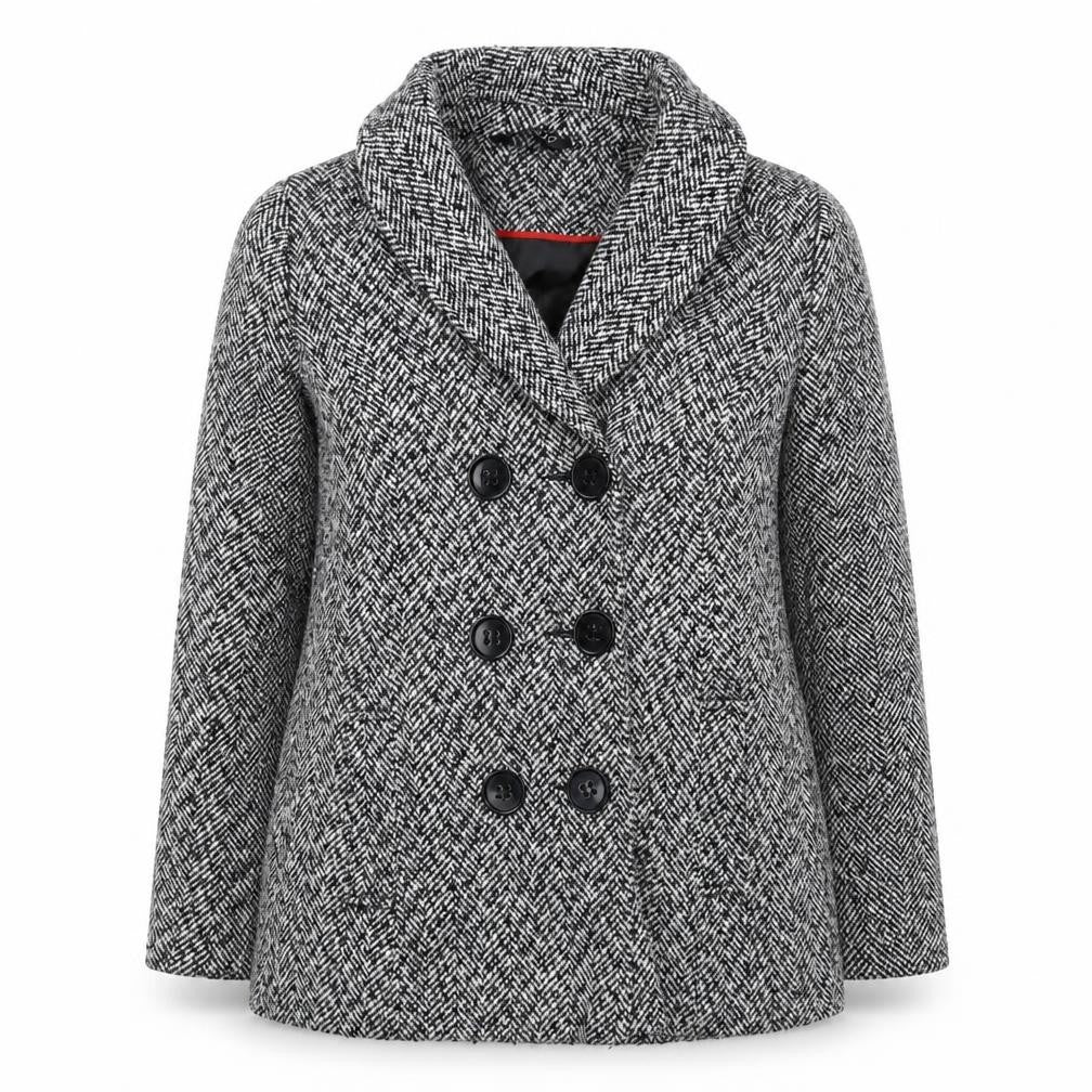 Front view of Classics women’s white striped pea coat coat, size UK 12, button