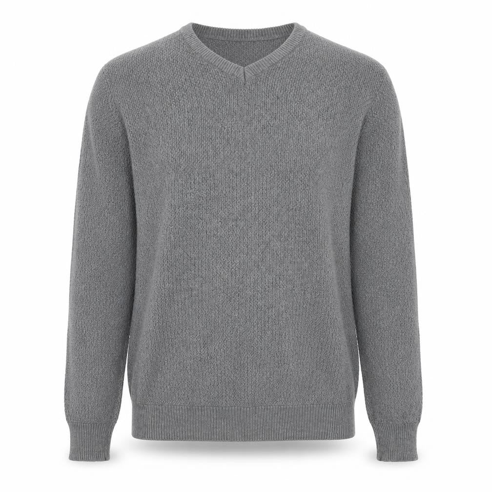 Front view of Debenhams men’s grey v-neck cotton jumper, size S