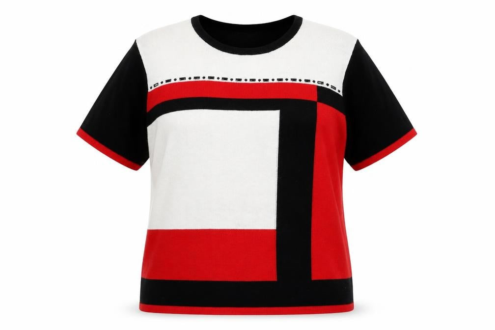 Front view of Annabelle women’s black geometric acrylic pullover sweatshirt, size M, pullover