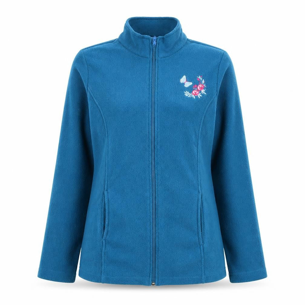 Front view of Alison Vallee women’s blue polyester pullover sweatshirt, size S, zip - fleece