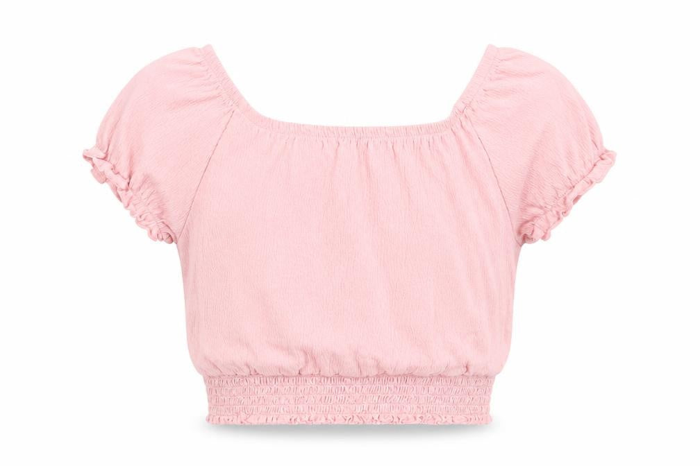 Front view of George girls’ pink cotton basic blouse, size 7-8, years round neck pullover