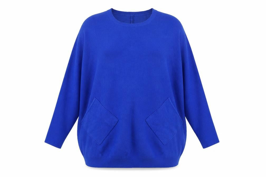 Front view of Preworn women’s blue round neck viscose jumper, size UK 16