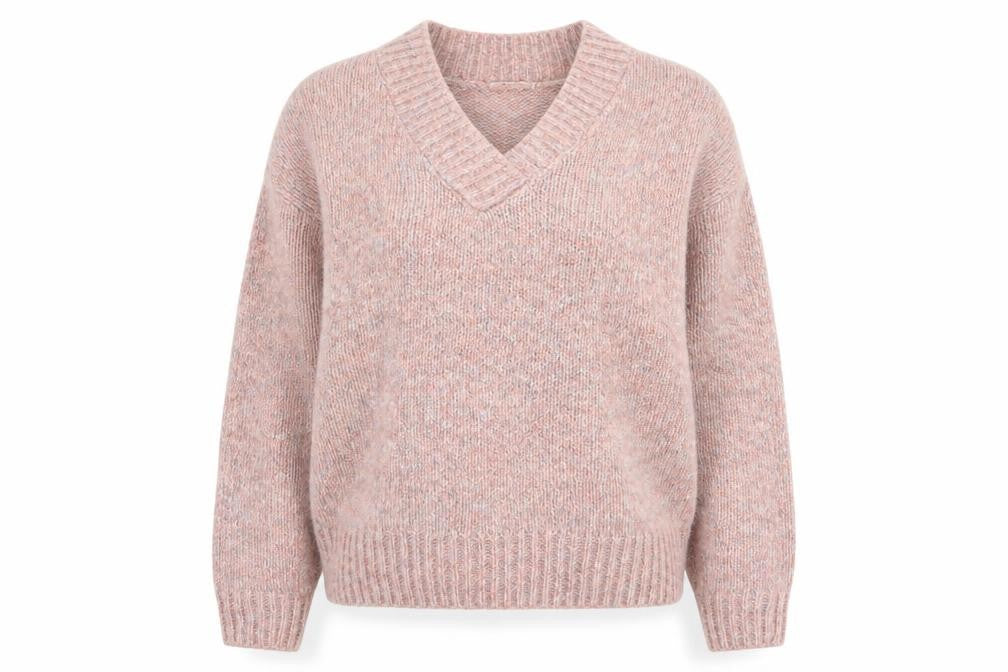 Front view of Tu women’s pink v-neck acrylic jumper, size L