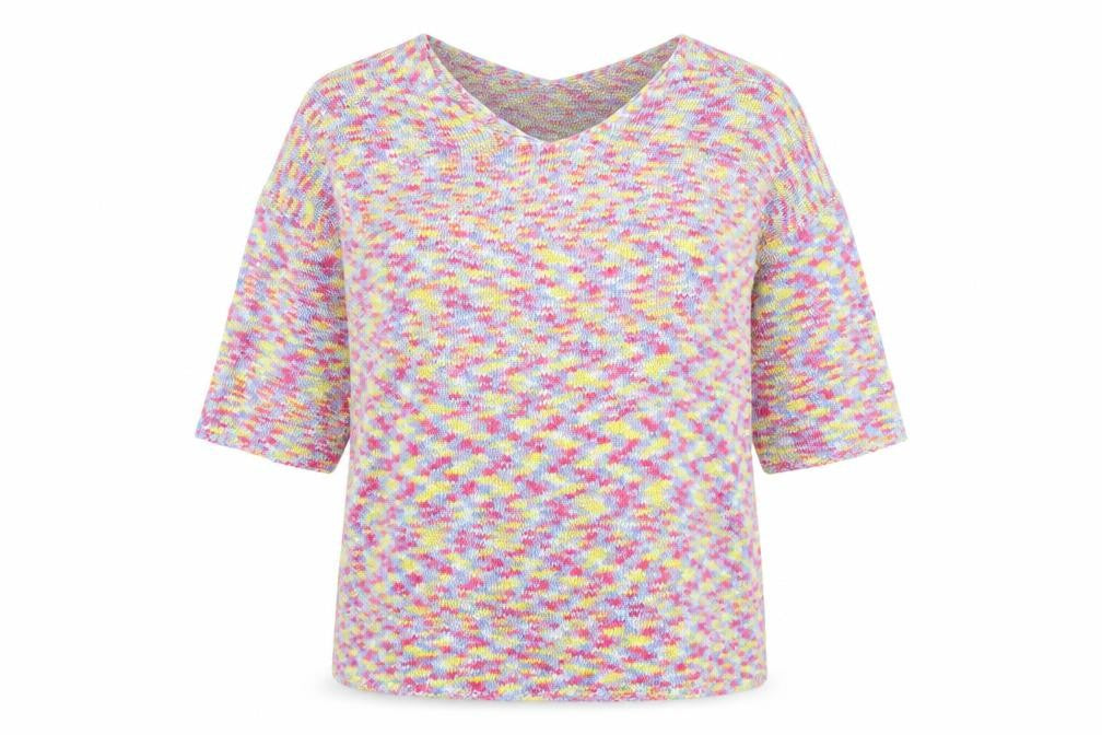 Front view of Preworn women’s multicoloured v-neck polyester jumper, size UK 16