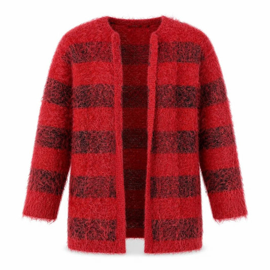Front view of ESMARA women’s red round neck check polyamide cardigan jumper, size S