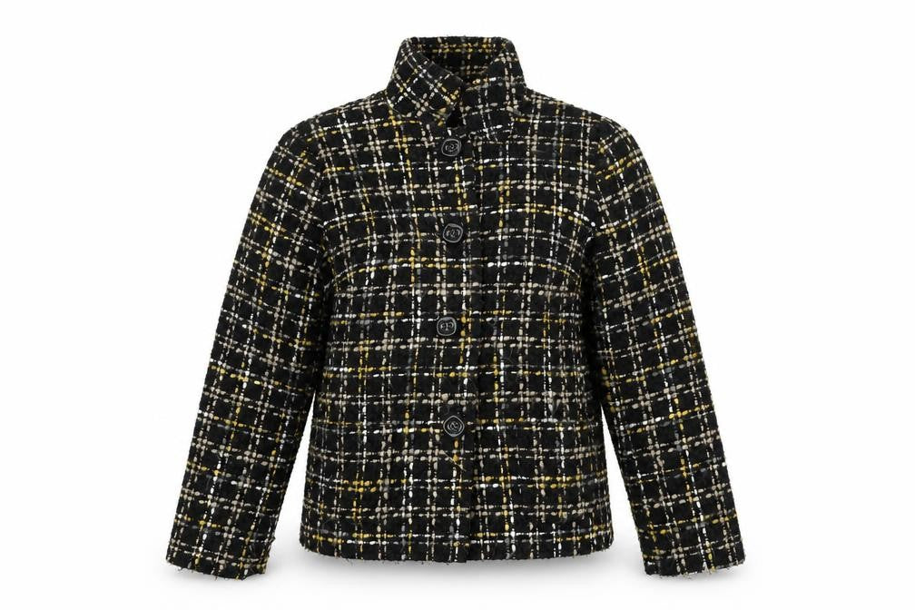 Front view of Isle Essentials women’s multicoloured geometric jacket, size UK 14, button