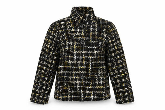 Front view of Isle Essentials women’s multicoloured geometric jacket, size UK 14, button