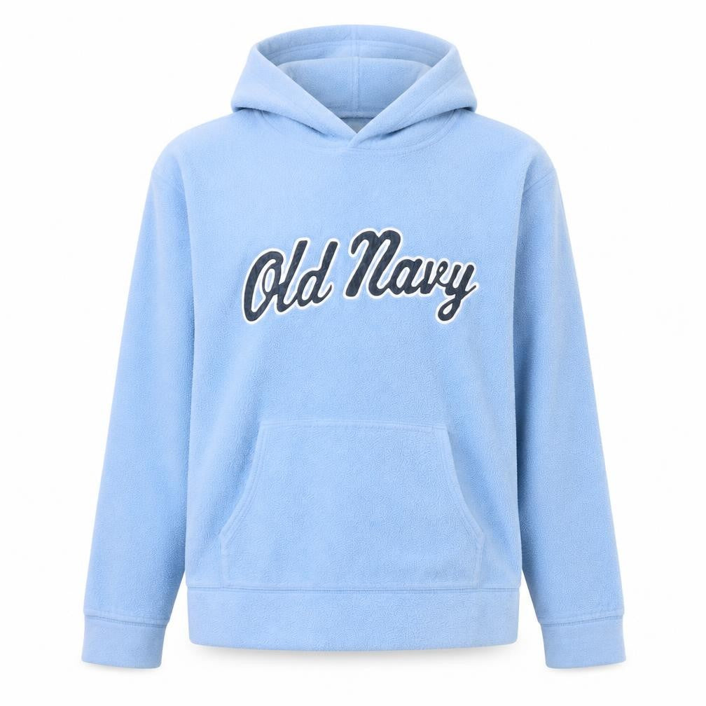 Front view of Old Navy women’s blue polyester pullover hoodie, size M