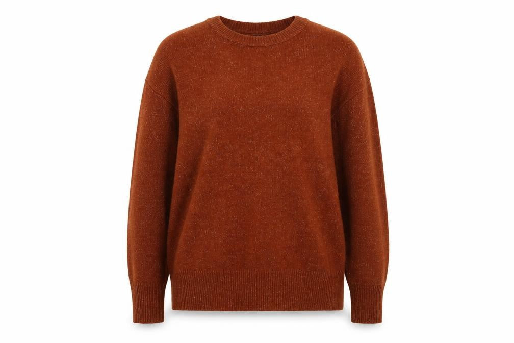 Front view of Primark women’s brown crew neck acrylic jumper, size UK 10
