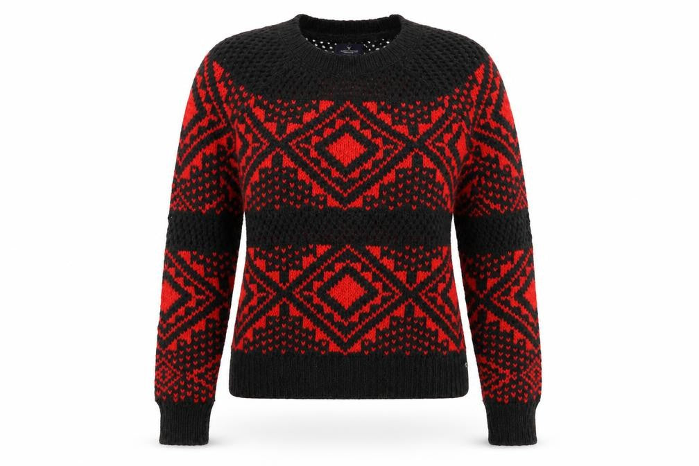 Front view of American Eagle women’s red crew neck geometric acrylic jumper, size S