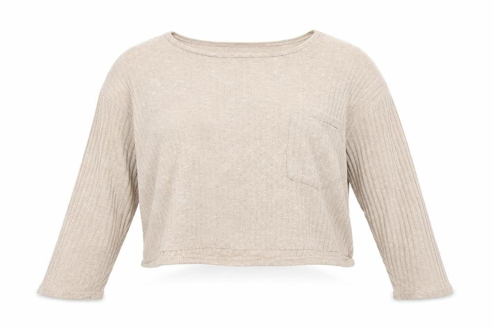 Front view of Topshop women’s beige polyester cropped blouse, size UK 10, boat neck