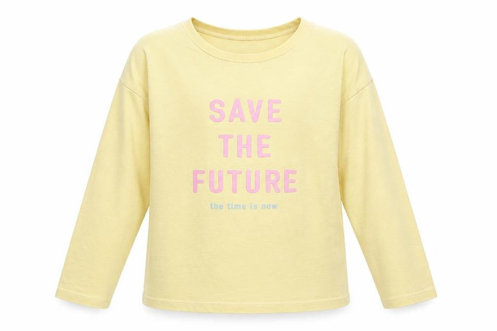 Front view of Next girls’ yellow cotton pullover t-shirt, size 9, years crew neck pullover - save the future